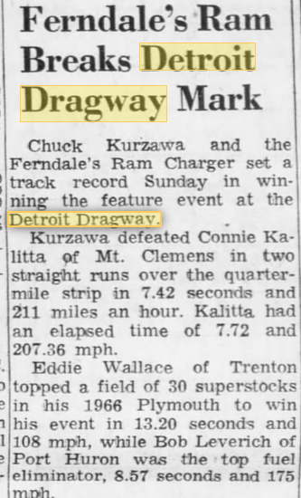 1967 article on chuck kurzawa Detroit Dragway, Brownstown Twp